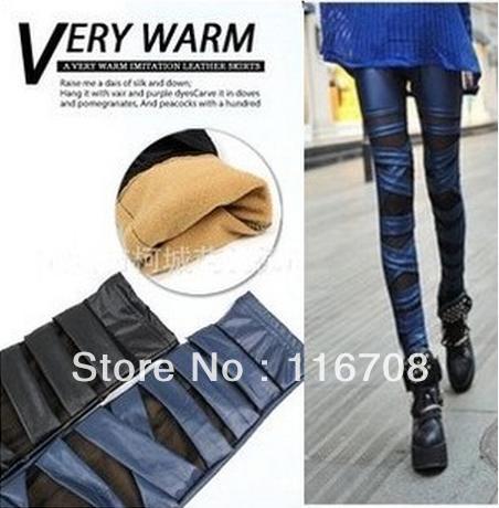 Fast China express spring winter plus velvet leather gauze patchwork cross straps pants ankle length leggings trousers lg-057