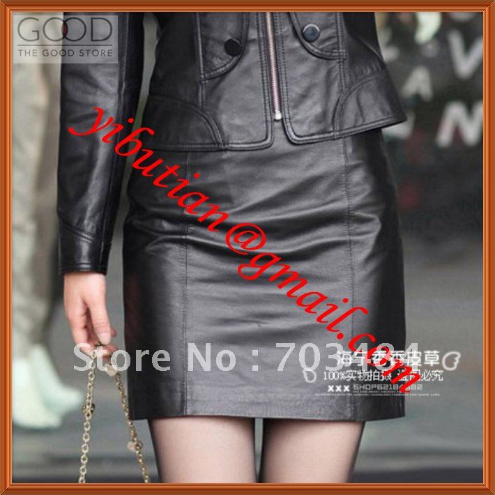 Fast Delievery Slim Black  Ladies Leather Skirt  100% Sheep Leather Very Soft  A-Line styles