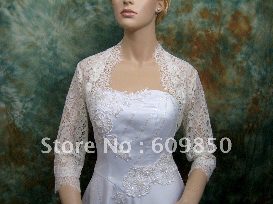 Fast delivery  3/4 sleeve lace  white bridal wedding jacket