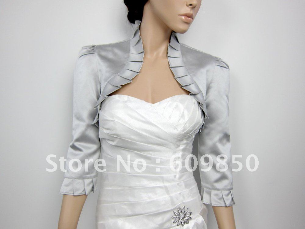 Fast delivery  3/4 sleeve plain dyed  silver  elegant  satin   bridal wedding jacket