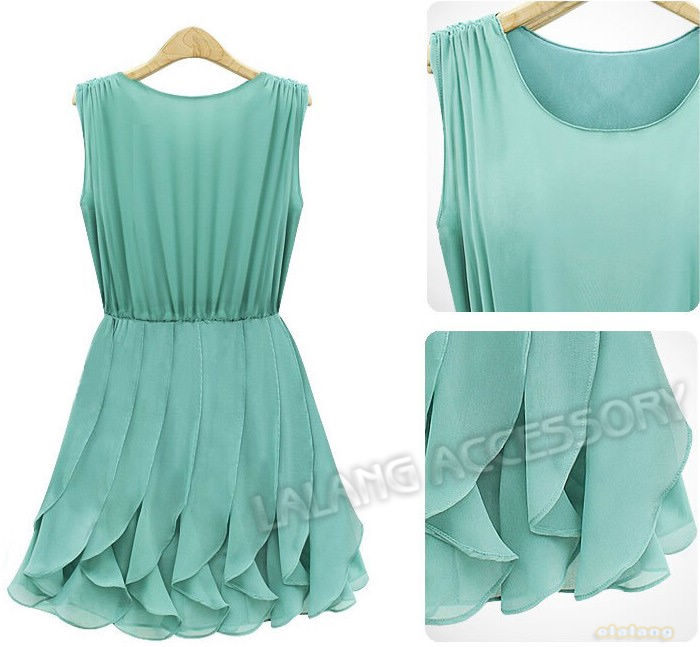 Fast Delivery O-neck Sleeveless Dress Cute Lady's Knee-length Dress Pleated Chiffon Stylish Dress Green Color S/M/L 650975