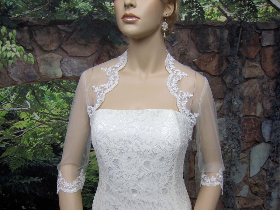Fast delivery popular   3/4 sleeve tulle white  lace edge  bridal wedding jacket