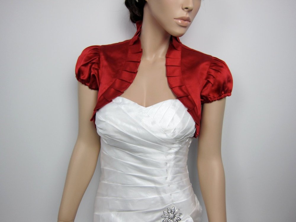 Fast delivery  short sleeve plain dyed   red elegant  satin   bridal wedding jacket