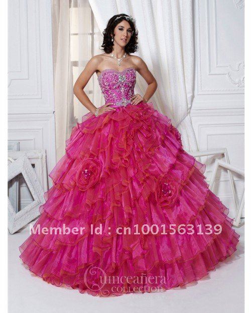 Fast delivery strapless sweetheart  ball gown embroidery organza hot pink  graceful beautiful Quinceanera Dresses
