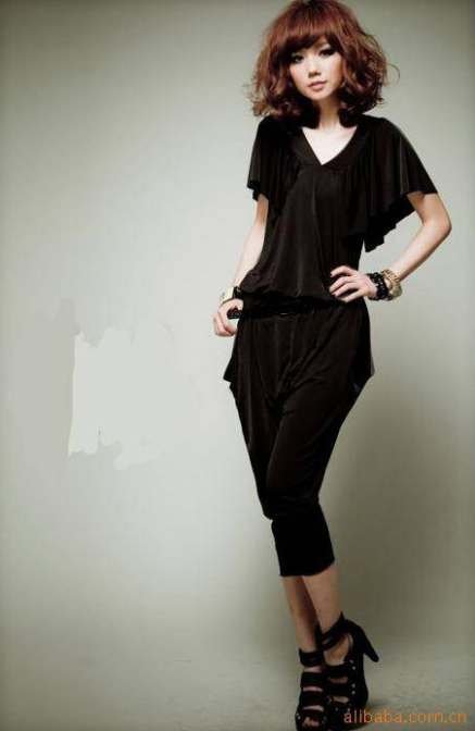 fast free shipping 2012 new arrival women jumpsuits & rompers v-collar lotus sleeve lady teddy black and dark gray