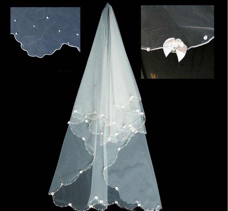 Fast Free Shipping/Bridal Veils/Rice white crescent edge sticky bead bowknot veils-MOK-V4
