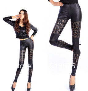 Fast shipping by ems dhl 5pcs/lot 2012 autumn Faux leather leggings petals hollow thin pantyhose sexy full range Slim trousers