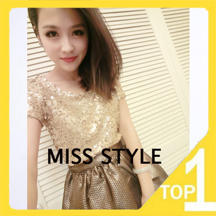 Fast shipping! Drop shipping! New fashion women dress short sleeves sequins Collect waist  Style (12.21)