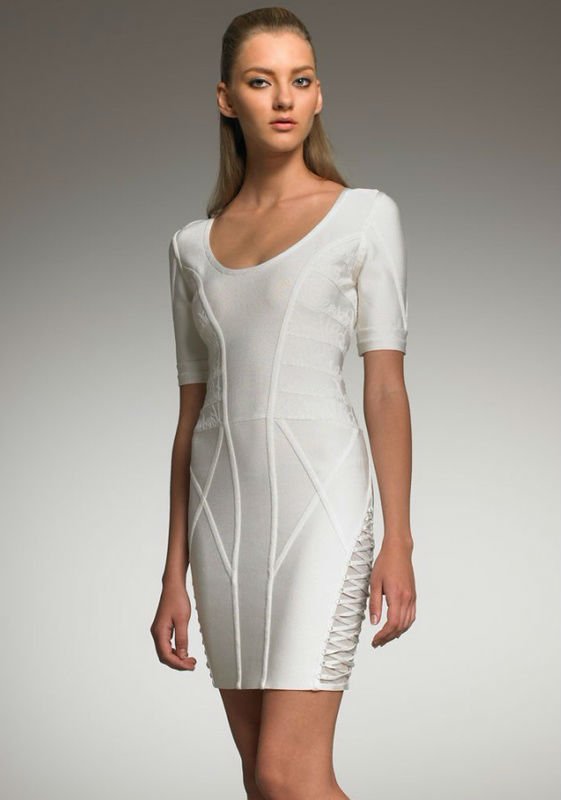 Fast shipping For Apac Region Bandage Dress Round-neck Ladies Celebrity Dresses White  H197