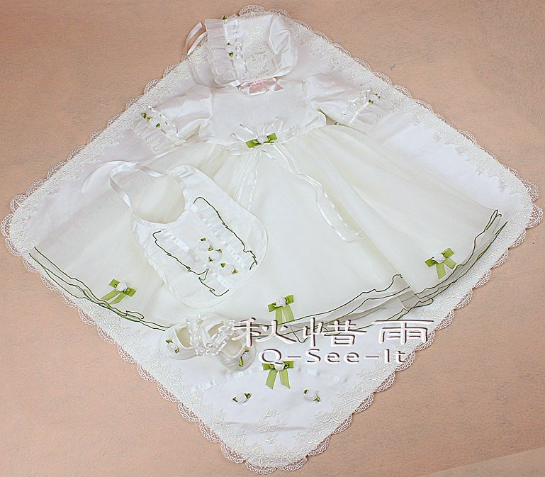 Fast shipping+Qseeit  original desigh white lace baby christening dress /baby princess dress /baby five-piece skirt