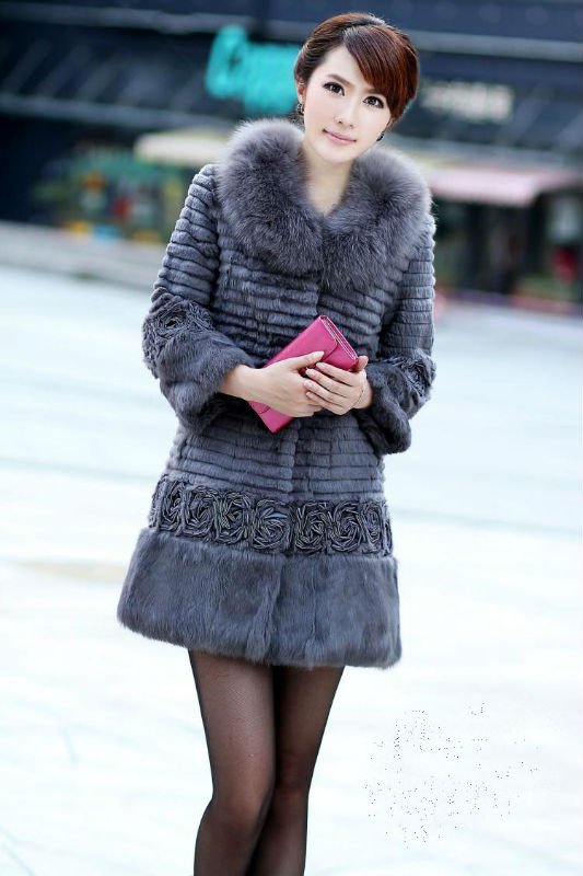 Fast Shipping Women's 2012 New Style Rabbit Fur Coat with Fox Collar Jacket Grey A-3620