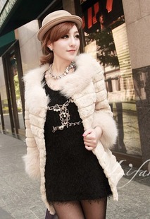 Faux Fox fur patchwork rex rabbit hair horizontal stripe medium-long coat overcoat for female lady
