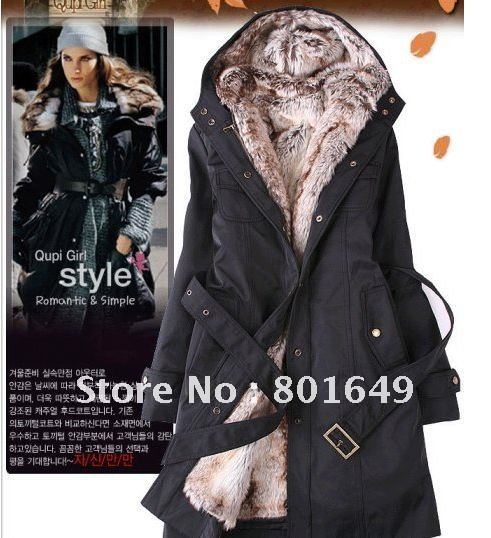 Faux fur lining women's fur coats winter warm long coat jacket clothes wholesale Free Shipping