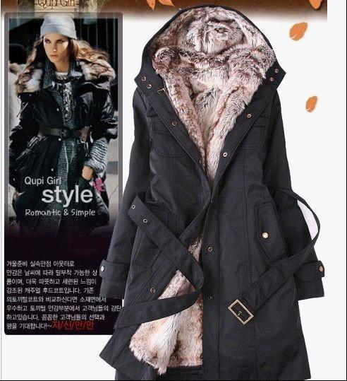 Faux fur lining women's winter warm long fur coat jacket clothes