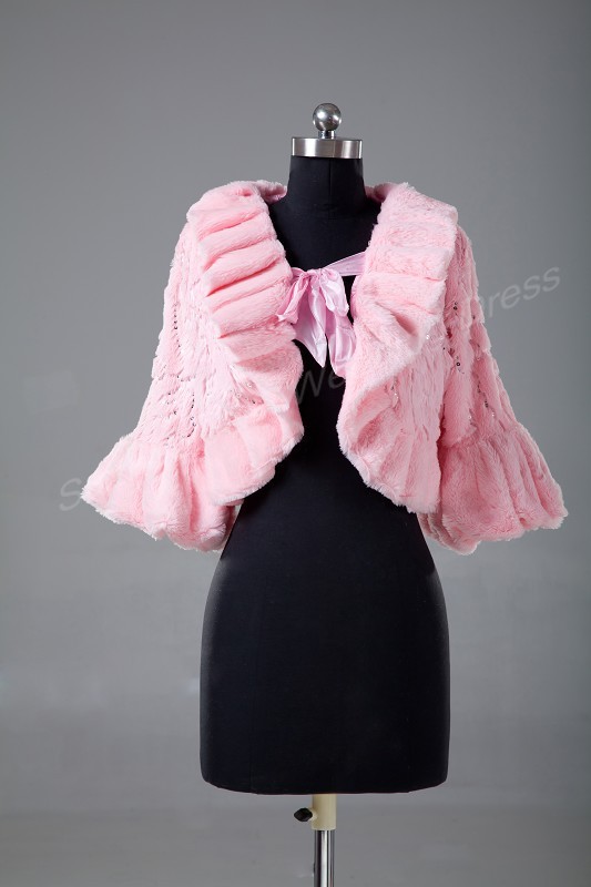 Faux Fur Long Sleeve Beige/Pink Bolero Wedding Wrap Shawl Bridal Jacket Coat With Pink Sequins Accessories Free Shipping 5705