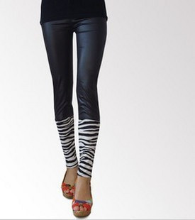 Faux leather cotton zebra print patchwork slim legging fashion legging ankle length trousers boot cut jeans female summer