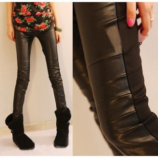 Faux leather  fashion patchwork pencil  legging patchwork leather  female  motorcycle leather  tight trousers free shipping