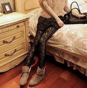 Faux leather lace patchwork cutout legging fashion ankle length trousers  seamless tights