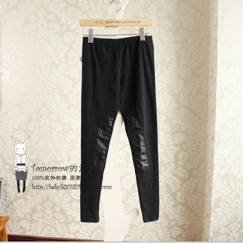 Faux leather pants patchwork cotton legging 100% all-match slim basic trousers