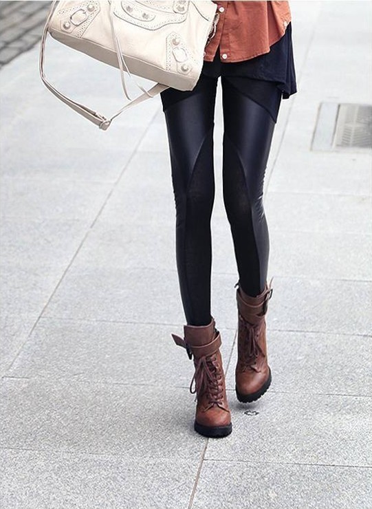 Faux leather patchwork 100% cotton legging women's legging skirt autumn and winter ankle length trousers