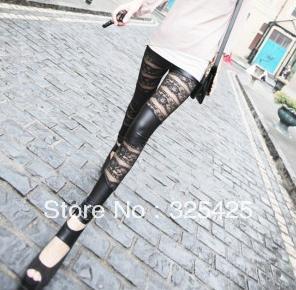 Faux leather patchwork leather pants female spring lace gauze cutout rose ankle length trousers legging free shipping