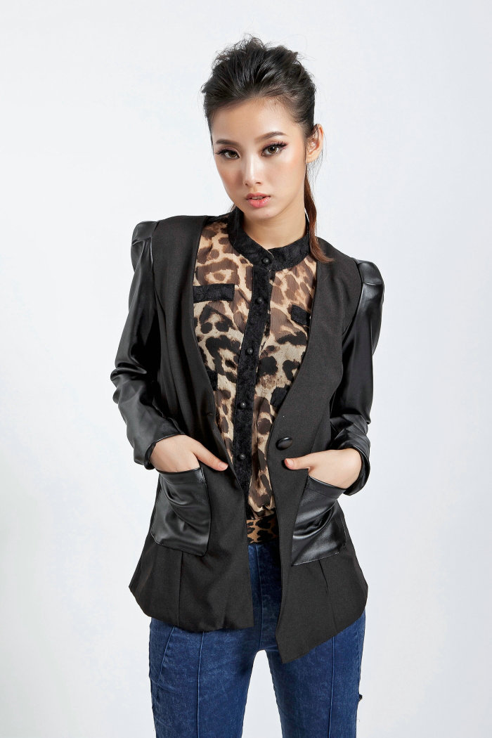 Faux leather small suit jacket slim female spring and autumn 2013 medium-long black blazer long-sleeve autumn