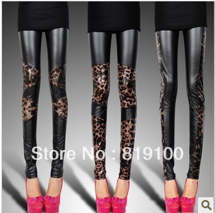 Faux leather trousers patchwork leopard print legging tight fitting female fashion matt faux leather legging spring and autumn