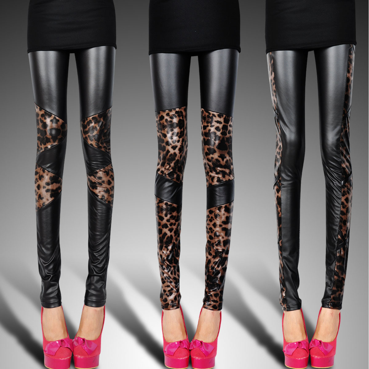 Faux leather trousers patchwork leopard print mosaic legging tight fitting female matt legging spring and autumn