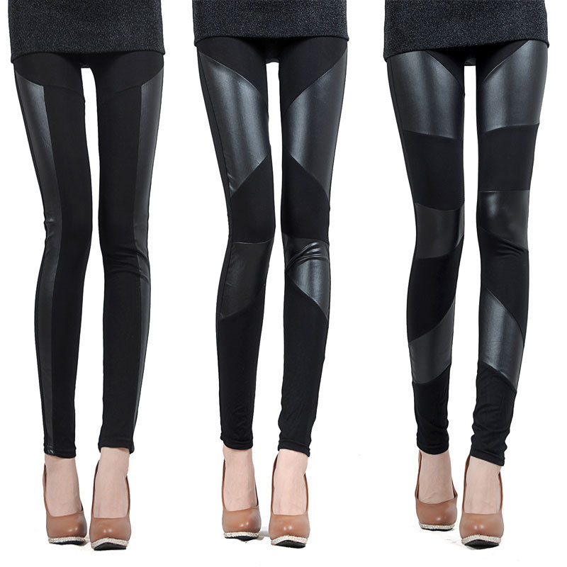 Faux leather trousers slim faux leather pants patchwork legging female black trousers pants