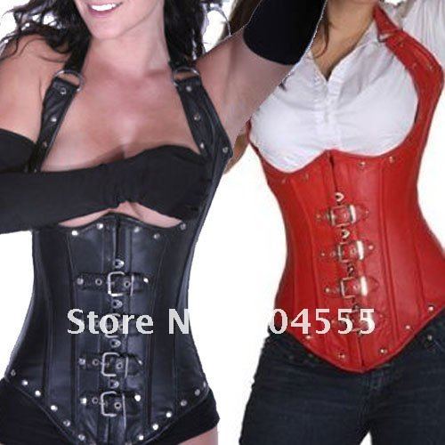 Faux Leather Under Bust Corset -Black Red - Bondage Fetish Goth Club Rave