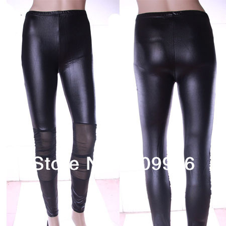 Faux Leather Woman Knee Mesh Patch Leggings Skinny Tights Pants free shipping