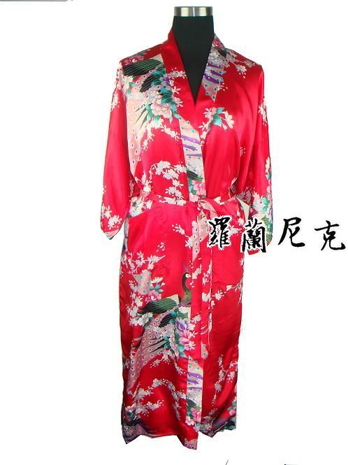 Faux silk robe peacock peony female bathrobe clothing robe sistance have belt