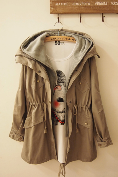 Faux two piece double layer cap trench loose medium-long outerwear