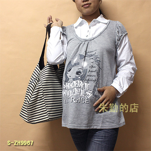 Faux two piece print turn-down collar top maternity shirt s-zh9967