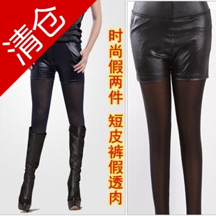 Faux two piece trousers faux leather shorts meat card brushed double layer thickening legging female