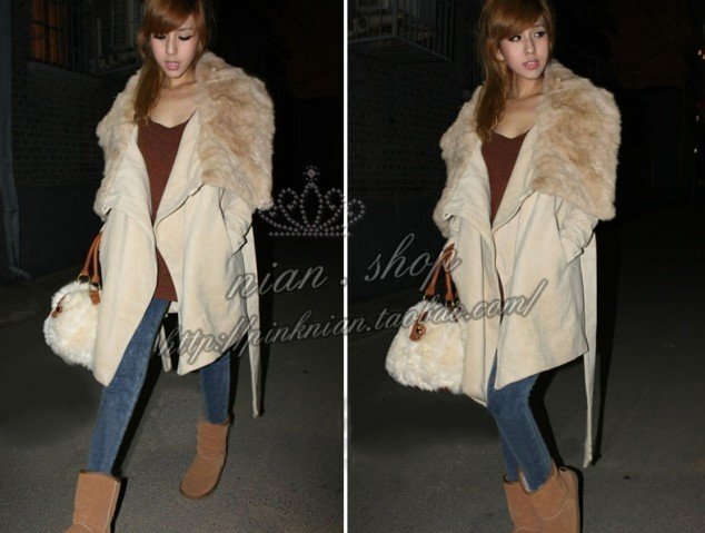 favorite star warm Pu Faux rabbit fur collar Barret skinny woman jacket light camel coat/FreeShipping S/M/L