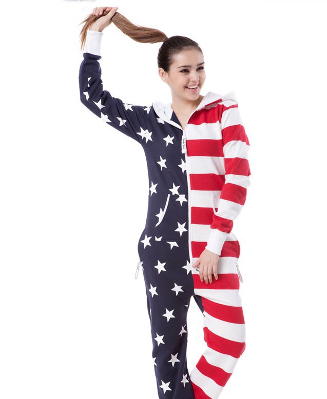 Fedex Free Shipping Stars and Stripes Jumpsuit / Fleece suit /  American Flag design / joined body suit/Unisex Style E300-55