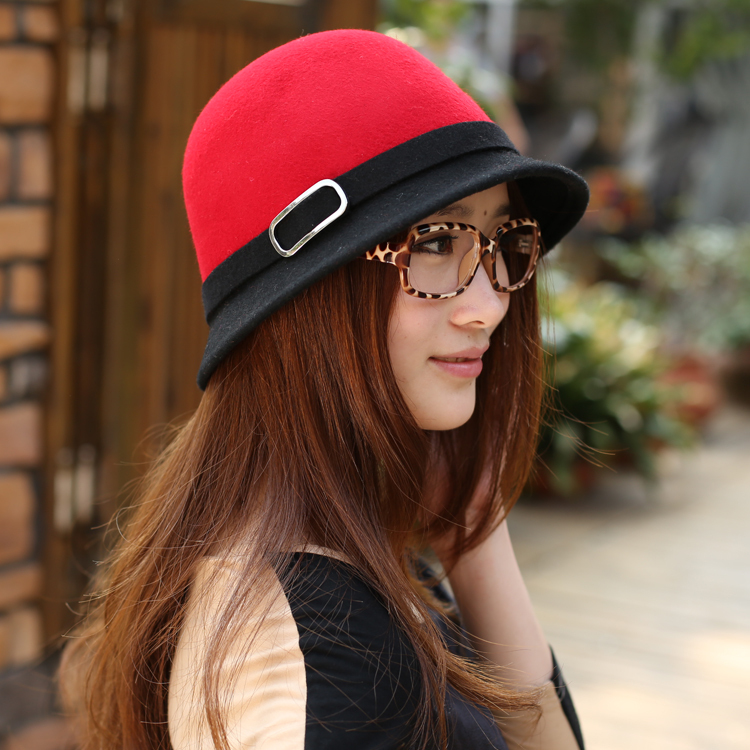 Fedoras t leather buckle on fashion vintage spring and autumn winter woolen hat female hat female jazz hat