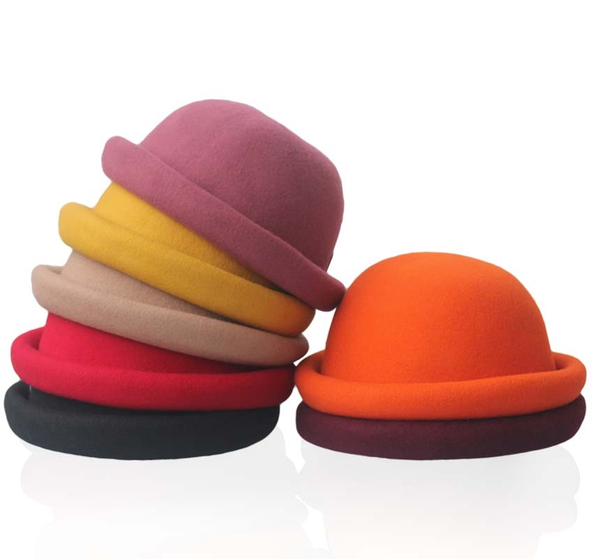 Fedoras wool hat roll-up hem small fedoras dome cap female short brim hat fashion all-match