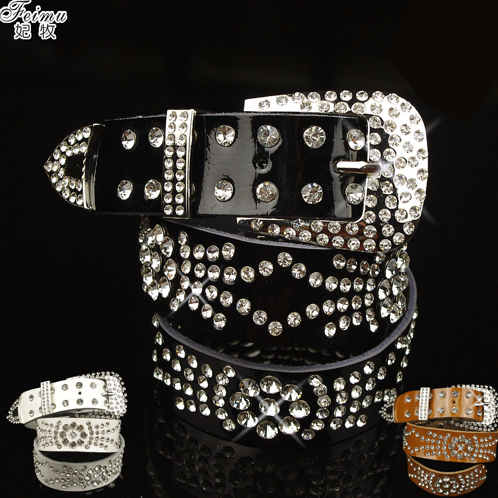 Feimu quality flower diamond decoration belt women's genuine leather strap diamond crocodile pattern cowhide belt