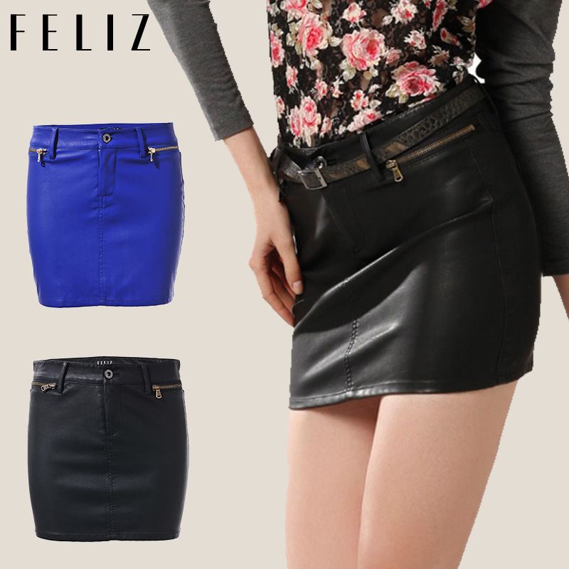 Feliz new arrival women's faux leather skirt punk color block short skirt bust skirt women's all-match slim hip skirt