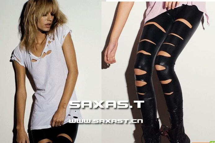 Female all-match product fashion punk hole legging cotton faux leather leggigs plus bsk the suit latex