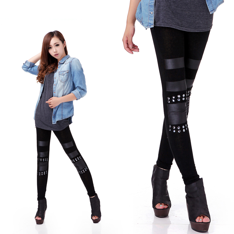 Female ankle length trousers plus size plus size rivet leather patchwork legging skinny pants warm pants boot cut jeans