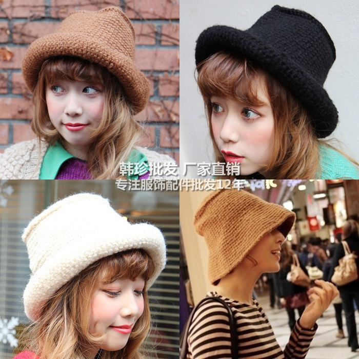 Female autumn and winter fashion wide-brimmed roll-up hem knitted hat knitted bucket hat beret female