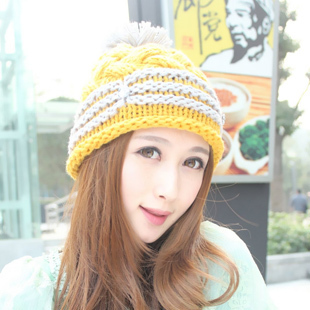 Female autumn and winter roll-up hem knitted hat rhinestone stripe knitted hat millinery