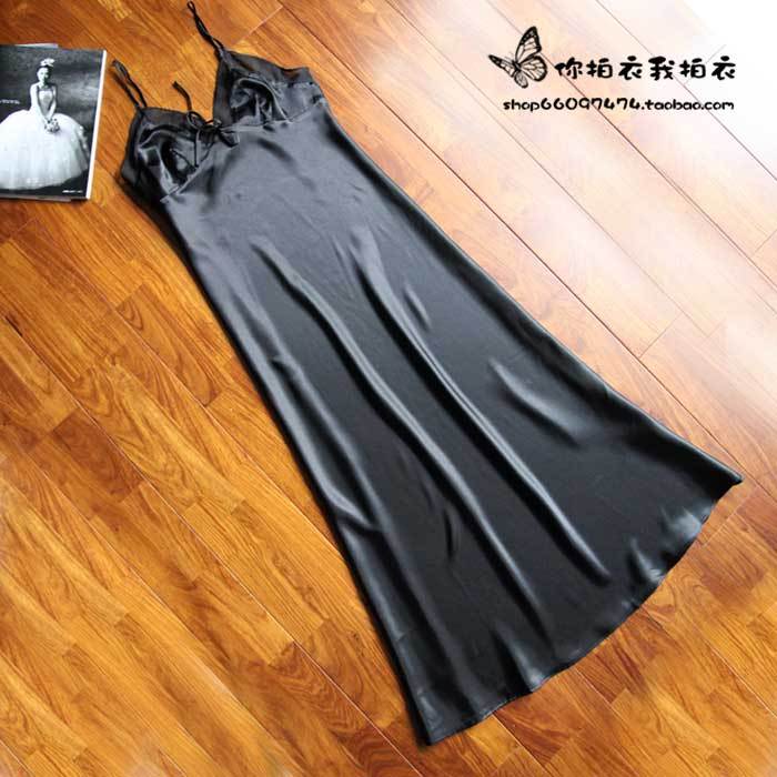 Female autumn and winter ultra long paragraph solid color silk faux silk sexy spaghetti strap sleepwear nightgown black and