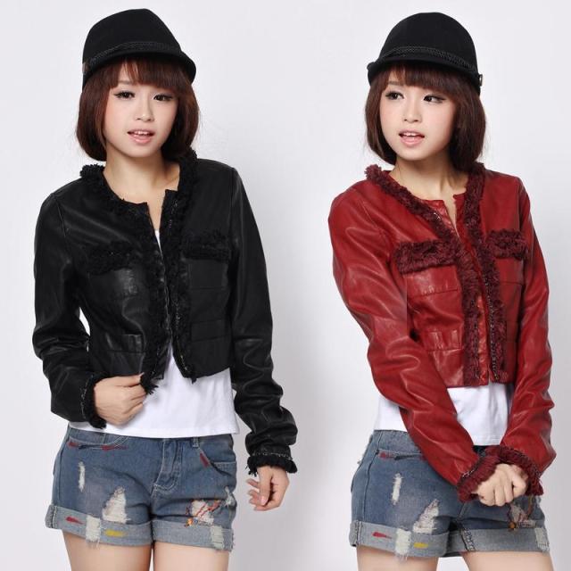 Female autumn and winter water washed leather clothing outerwear short design leather clothing long-sleeve leather clothing fur