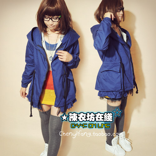 Female autumn large cap lace trench twinset with a hood clothes outerwear loose overcoat reminisced blue
