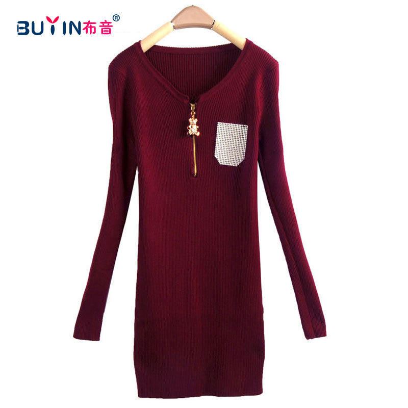 Female bear zipper elastic thermal medium-long basic knitted sweater