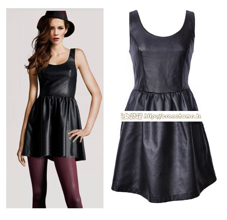 Female black PU slim waist one-piece dress slim faux leather skirt